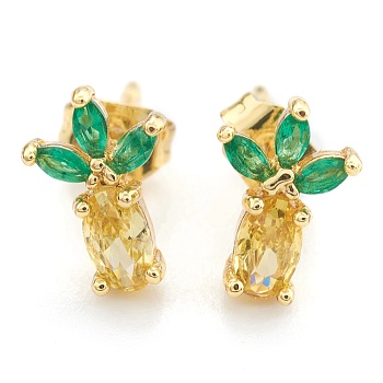 Brass Cubic Zirconia Stud Earring, with Ear Nuts/Earring Backs, Pineapple, Real 18K Gold Plated, 10x7x3mm, Pin: 1mm