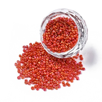 Opaque Glass Seed Beads, Rainbow Plated, Round, Orange Red, 2mm, Hole: 1mm, about 30000pcs/bag