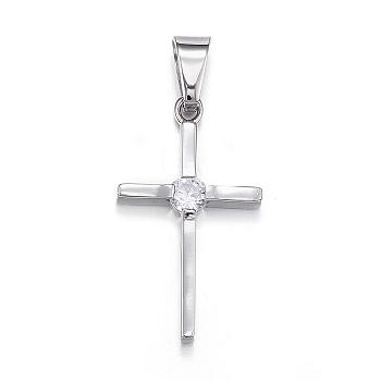 316 Surgical Stainless Steel Cubic Zirconia Pendants, Cross, Stainless Steel Color, 26x15x3mm, Hole: 4x7mm