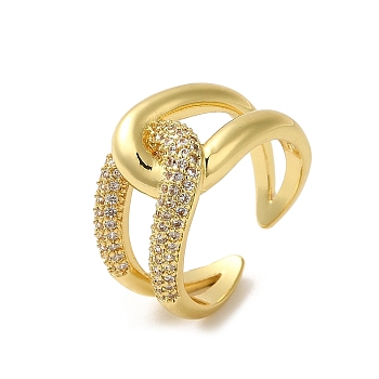 Rack Plating Brass Wrapped Knot Open Cuff Ring with Cubic Zirconia, Real 18K Gold Plated, Inner Diameter: 17.4mm