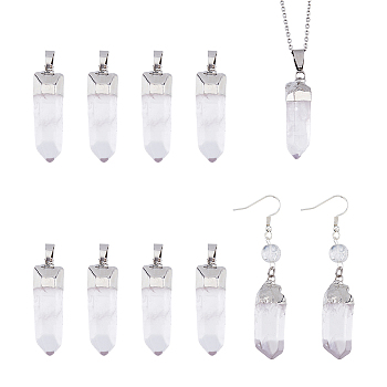 8Pcs Natural Quartz Crystal Double Terminal Pointed Pendants, Faceted Bullet Charms, with Brass Findings, Platinum, 33.5~46.5x12~16x11.5~15mm, Hole: 7.5x4mm