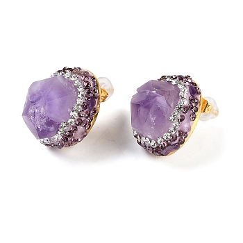 Rack Plating Brass With Nature Amethyst Gemstone, With Rhinestone Handmade Indonesia Stud Earrings. Long-Lasting Plated, Cone, Purple, 21.5x16.5mm