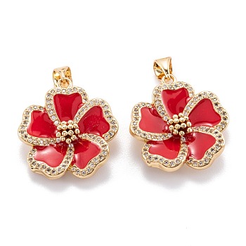 Real 18K Gold Plated Brass Micro Pave Clear Cubic Zirconia Beads Pendant, with Enamel, Long-Lasting Plated, Flower, Red, 22x20x5mm, Hole: 5x3mm