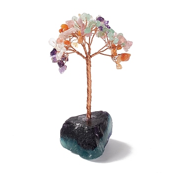 Natural Gemstone Tree Display Decoration, Reiki Spiritual Energy Tree, Raw Fluorite Base Feng Shui Ornament for Wealth, Luck, Rose Gold Brass Wires Wrapped, 45~66x76~82x125~133mm