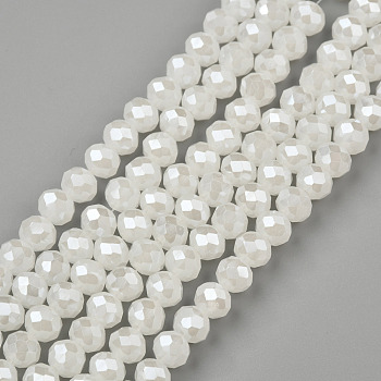 Electroplate Glass Beads Strands, Imitation Jade Beads, Pearl Luster Plated, Faceted, Rondelle, Creamy White, 8x6mm, Hole: 1mm, about 68~70pcs/strand, 16 inch(40cm)