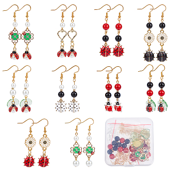 SUNNYCLUE DIY Ladybird and Flower Dangle Earring Making Kit, Including Alloy Enamel Pendants & Links, Glass Pearl & Natural Obsidian & Synthetic Turquoise Beads, Brass Earring Hooks, Golden, 138Pcs/box