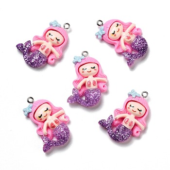 Opaque Resin Pendants, with Glitter Powder and Platinum Tone Iron Loops, Mermaid, Hot Pink, 34x22x6.5mm, Hole: 2mm