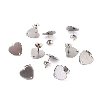 304 Stainless Steel Stud Earring Findings, with Ear Nuts, Heart, Stainless Steel Color, 12x13mm, Hole: 1.5mm, Pin: 0.7mm
