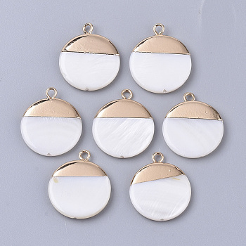 Electroplate Freshwater Shell Pendants, with Top Golden Plated Brass Loops and Half Drilled, Flat Round, Seashell Color, 22x18x3mm, Hole: 0.8~1.8mm