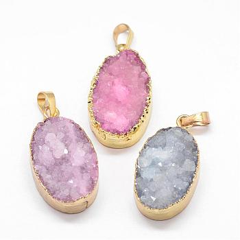 Electroplated Natural & Dyed Druzy Agate Pendants, with Golden Plated Brass Findings, Oval, Mixed Color, 33x18x9mm, Hole: 8x5mm
