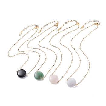 Flat Round Natural Mixed Stone Pendant Necklace for Girl Women, Golden, 16.73~17.13 inch(42.5~43.5cm) 