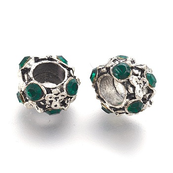 Alloy Rhinestone Rondelle European Beads, Large Hole Beads, Antique Silver, Emerald, 10~12x7mm, Hole: 5mm