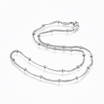 304 Stainless Steel Mesh Chain Necklaces, with 304 Stainless Steel Beads and 304 Stainless Steel Clasps, Stainless Steel Color, 17.72x0.08 inch(45x0.2cm)