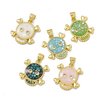 Halloween Natural Shell Pendants, Skull Charms, Dyed, with Rack Plating Golden Tone Brass Findings, Long-Lasting Plated, Mixed Color, 19.5x18.5x3mm, Hole: 4x3.5mm