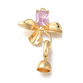 Brass Fold Over Clasp, Micro Pave Pink Cubic Zirconia, Flower, Real 18K Gold Plated, 33mm