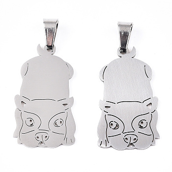 304 Stainless Steel Pendants, with Iron Snap On Bails , Bulldog Charm, Stainless Steel Color, 28x15.5x1mm, Hole: 7x3.5mm