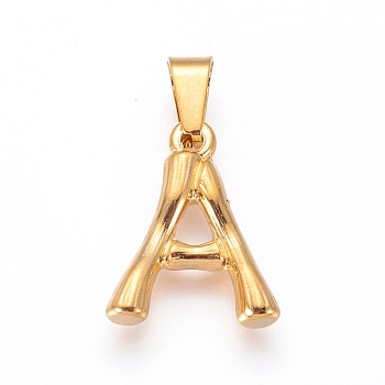304 Stainless Steel Pendants, Bamboo Style, Letter, Golden Color, Letter.A, 18.5x15x3mm, Hole: 3x7mm