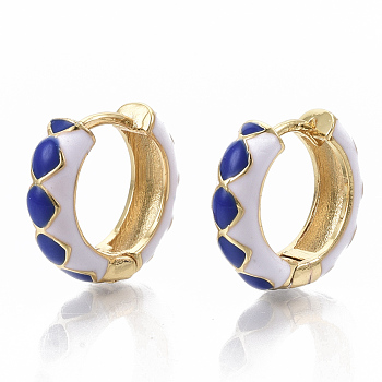 Brass Huggie Hoop Earrings, with Two Tone Enamel, Real 18K Gold Plated, Rhombus Pattern, Blue, 15.5x16.5x5mm, Pin: 1x1mm