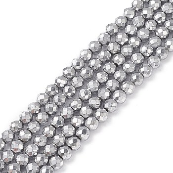 Non-magnetic Synthetic Hematite Beads Strands, Faceted, Round, Platinum Plated, 6mm, Hole: 1mm, about 37~38pcs/strand, 7.9 inch