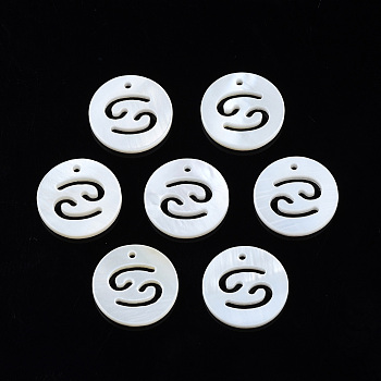Natural Freshwater Shell Charms, Flat Round with Twelve Constellations, Hollow, Cancer, 12x1.5mm, Hole: 0.9mm