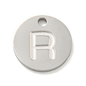 304 Stainless Steel Pendants, Laser Cut, Flat Round with Letter Charm, Stainless Steel Color, Letter R, 10x1mm, Hole: 1.4mm
