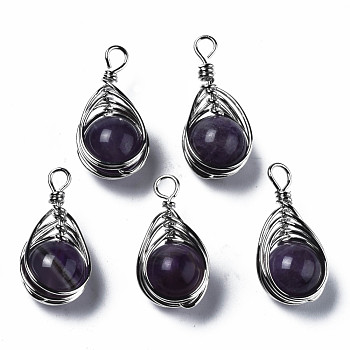 Natural Amethyst Pendants, with Platinum Brass Findings, Rack Plating, Teardrop, 23.5~27x12~13.5x10.5mm, Hole: 2mm