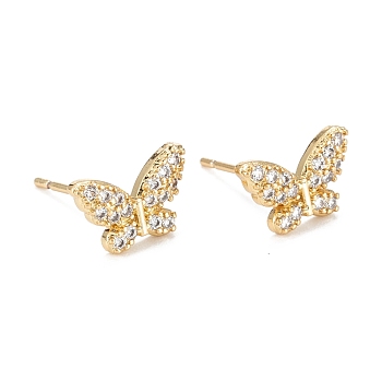 Butterfly Sparkling Cubic Zirconia Stud Earrings for Girl Women, Lead Free & Nickel Free & Cadmium Free, Brass Micro Pave Cubic Zirconia Earrings, Real 18K Gold Plated, 7x11mm, Pin: 0.6mm