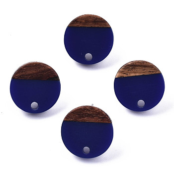 Opaque Resin & Walnut Wood Stud Earring Findings, with 304 Stainless Steel Pin, Flat Round, Dark Blue, 14mm, Hole: 1.8mm, Pin: 0.7mm