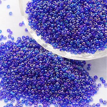 8/0 Round Glass Seed Beads, Grade A, Transparent Colours Rainbow, Blue, 2.8~3.2mm, Hole: 1.0mm, about 15000pcs/pound