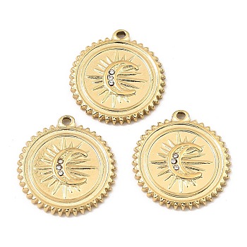 Ion Plating(IP) 316 Stainless Steel with Rhinestone Pendants, Flat Round with Moon Charm, Real 24K Gold Plated, 20x18.5x2mm, Hole: 1.2mm