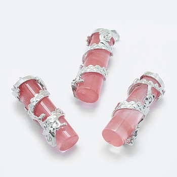 Cherry Quartz Glass Pendants, with Brass Findings, Column with Dragon, Platinum, 40.5~41.5x14x15mm, Hole: 3.5x5mm