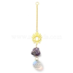 Wire Wrapped Nuggets Natural Amethyst Pendant Decorations, Brass Evil Eye and Glass Round Tassels Hanging Ornaments, 253mm, Hole: 11mm(HJEW-C008-02C-G)
