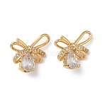 Brass Micro Pave Cubic Zirconia Pendants, Bowknot Charms, Nickel Free, Real 18K Gold Plated, Clear, 12.5x15.5x6mm, Hole: 1.2mm(KK-Z136-58G-03)