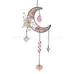 Flower Moon Metal & Natural Rose Quartz Chips Hanging Suncatcher, Glass Heart Charms for Window Prism Wall Decor, 500x100x25mm(GG-CBAB970-03A)