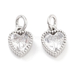 Brass with Cubic Zirconia Pendants, with Jump Ring, Cadmium Free & Nickel Free & Lead Free, Heart, Platinum, 8.5x7x3.5mm, Hole: 3.4mm(KK-P271-42P-A)