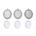 DIY Pendant Making, with Tibetan Style Alloy Pendant Cabochon Settings and Transparent Oval Glass Cabochons, Antique Silver, Cabochons: 40x30x7~9mm, Settings: 61x47x2mm, Hole: 3mm, 2pcs/set(DIY-X0293-45AS)
