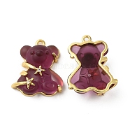 Transparent Resin Crystal Rhinestone Pendants, Bear Charms, with Rack Plating Real 18K Gold Plated Brass Findings, Long-Lasting Plated, Cadmium Free & Lead Free, Purple, 23.5x20.5x9mm, Hole: 1.6mm(KK-H438-04G-11)
