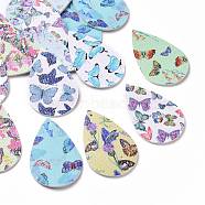 PU Leather Big Pendants, Double Sided, Teardrop With Butterfly Pattern, Mixed Color, 56x37x2mm, Hole: 1.6mm(FIND-R072-10-CM)