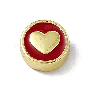 Brass Enamel Beads, Long-Lasting Plated, Cadmium Free & Lead Free, Real 18K Gold Plated, Flat Round with Heart, FireBrick, 11x4.5mm, Hole: 1.8mm(KK-F814-06G-01)