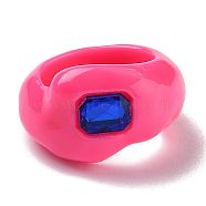 Resin Finger Rings, with Plastic Rhinestone, Rectangle, Hot Pink, US Size 7 1/4(17.5mm)(RJEW-Z007-05A)