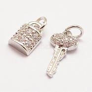 Brass Micro Pave Grade AAA Cubic Zirconia Charms, Long-Lasting Plated, Key and Padlock, Cadmium Free & Nickel Free & Lead Free, Real Platinum Plated, 14x7x3mm & 9x6x4mm, Hole: 3mm(ZIRC-G090-29P-NR)