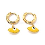 Enamel Horse Eye Dangle Hoop Earrings, Gold Plated 304 Stainless Steel Jewelry for Women, Yellow, 24mm, Pin: 1mm(STAS-E162-09G)