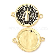 Rack Plating Brass Connector Charms, Long-Lasting Plated, Cadmium Free & Lead Free, Flat Round with Saint Benedict, Real 18K Gold Plated, 16x21x1.5mm, Hole: 1.4mm(KK-Q775-27AG)