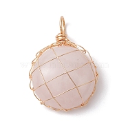 Natural Rose Quartz Copper Wire Wrapped Pendants, Half Round/Dome Charms, Golden, 30.5x21x8mm, Hole: 4.7mm(PALLOY-JF02436-01)