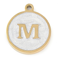 Ion Plating(IP) 201 Stainless Steel Pendants, with White Enamel, Real 18K Gold Plated, Flat Round with Letter, Letter M, 18.5x15.5x2mm, Hole: 1.6mm(STAS-K288-02G-M)