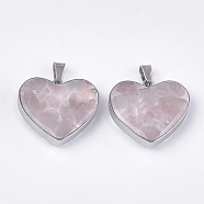 Natural Rose Quartz Pendants, with Glass and 304 Stainless Steel Findings, Heart, Stainless Steel Color, 19x21x6mm, Hole: 3x5.5mm(STAS-T043-01A)