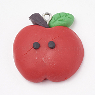 Handmade Polymer Clay Pendants, with Iron Findings, Apple, Platinum, Red, 28x27x11mm, Hole: 2mm(X-CLAY-T012-05)