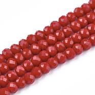 Opaque Solid Color Faceted Glass Beads Strands, Rondelle, Dark Red, 4x3mm, Hole: 1mm, about 130~140pcs/strand, 18.1 inch(X-EGLA-J047-4x3mm-06)