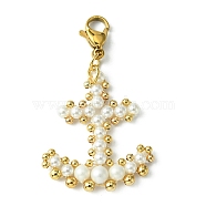 Shell Pearl & Brass Beaded Pendant Decoration, with 304 Stainless Steel Lobster Claw Clasps, Anchor & Helm, 45mm(HJEW-TA00047)