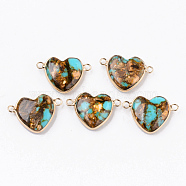 Synthetic Gold Line Turquoise Links Connectors, with Light Gold Plated Brass Edge, Dyed, Heart, Turquoise, 20~21x29~30x7~8mm, Hole: 2~3mm(X-G-N330-013)